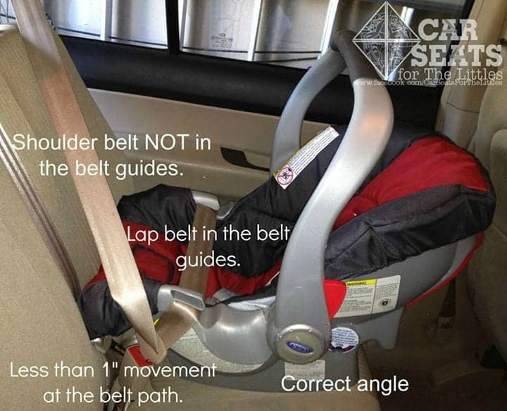 baseless, Graco, SnugRide 35, seat belt, lap belt, shoulder belt, belt guide, recline, movement, 1 inch, angle
