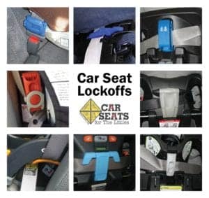 Collage of 8 close up photos of car seat lockoffs 