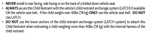 Look for warnings about lower anchors in the car seat manual