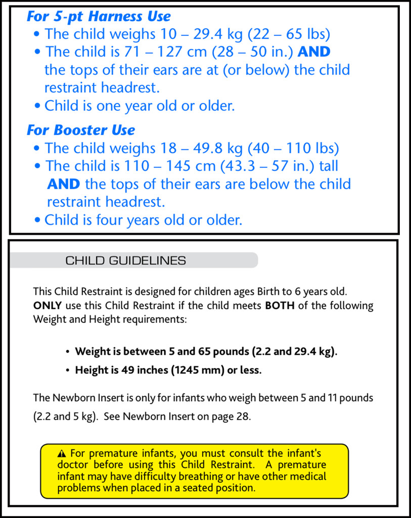 Car seat manuals will always have the weight, height, and age guidelines for the seat