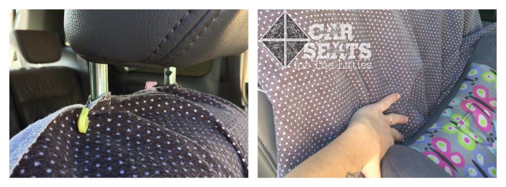 Secure the blanket with safety pins and then tuck it behind the previously installed car seat
