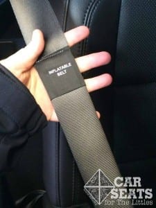 Inflatable seat belts are labeled and will be thicker than a regular seat belt making them easier to spot.