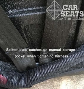 Sentry Guardimals splitter plate catches on manual storage pocket when tightening the harness