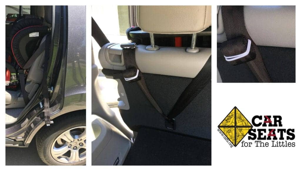 Three images: in the first a Britax Frontier is installed with tether tail hanging out the door. In the second we see the tether with the tail bundled. Third image is a close up of the tail of the tether bundled and tied with a hair elastic.