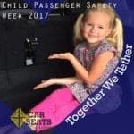 Preschool aged child showing a properly used tether with heart-shaped frame and the text "Child Passenger Safety Week 2017, Together We Tether."