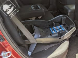 Evenflo NurtureMax base installed with vehicle seat belt