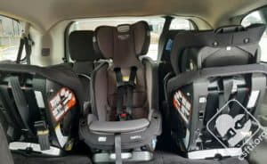 Three Graco SlimFit3 LX seats installed in the third row of a 2012 Dodge Caravan