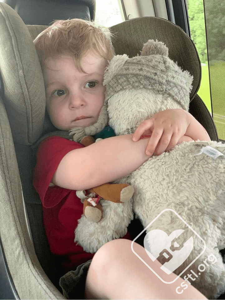 baby hugging a stuffed animal in their car seat