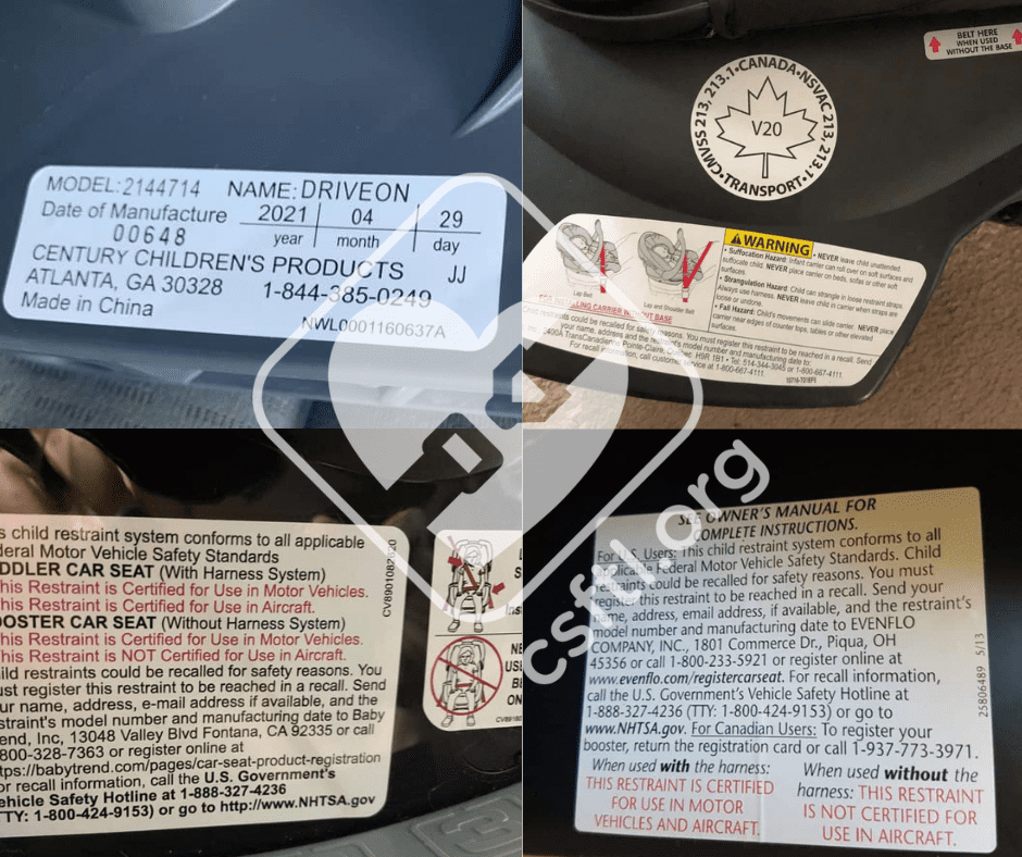 mandated labels and stickers on US car seats