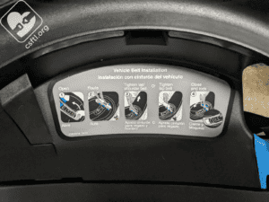 Evenflo Revolve Slim vehicle seat belt install label