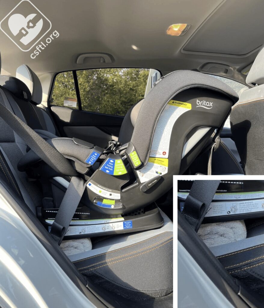 Britax Poplar with tightly rolled towel under the base, nearest the vehicle seat back.